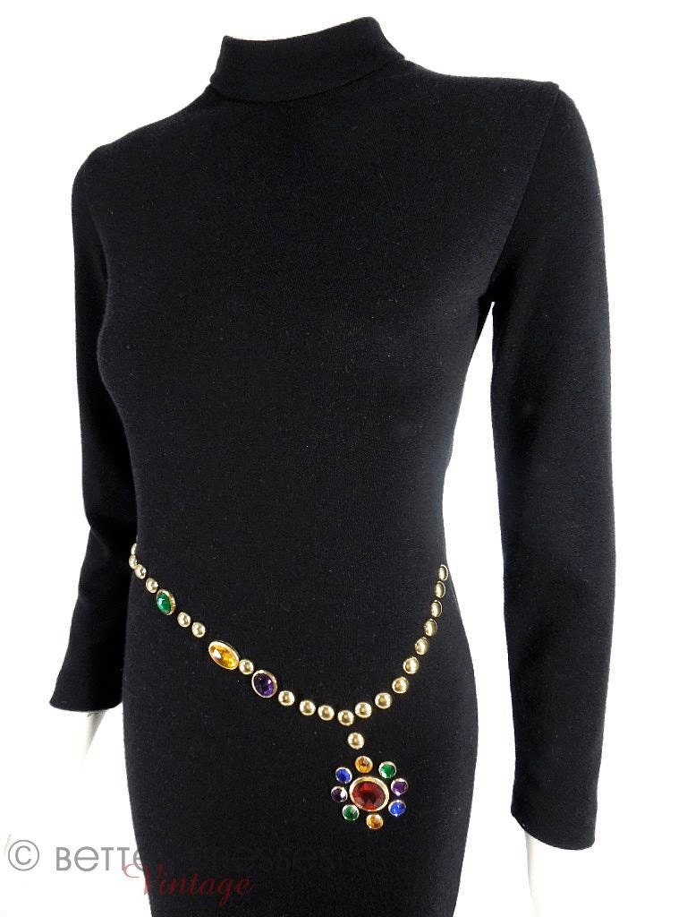 80s Black Slim Column Dress With Jeweled Belt - sm
