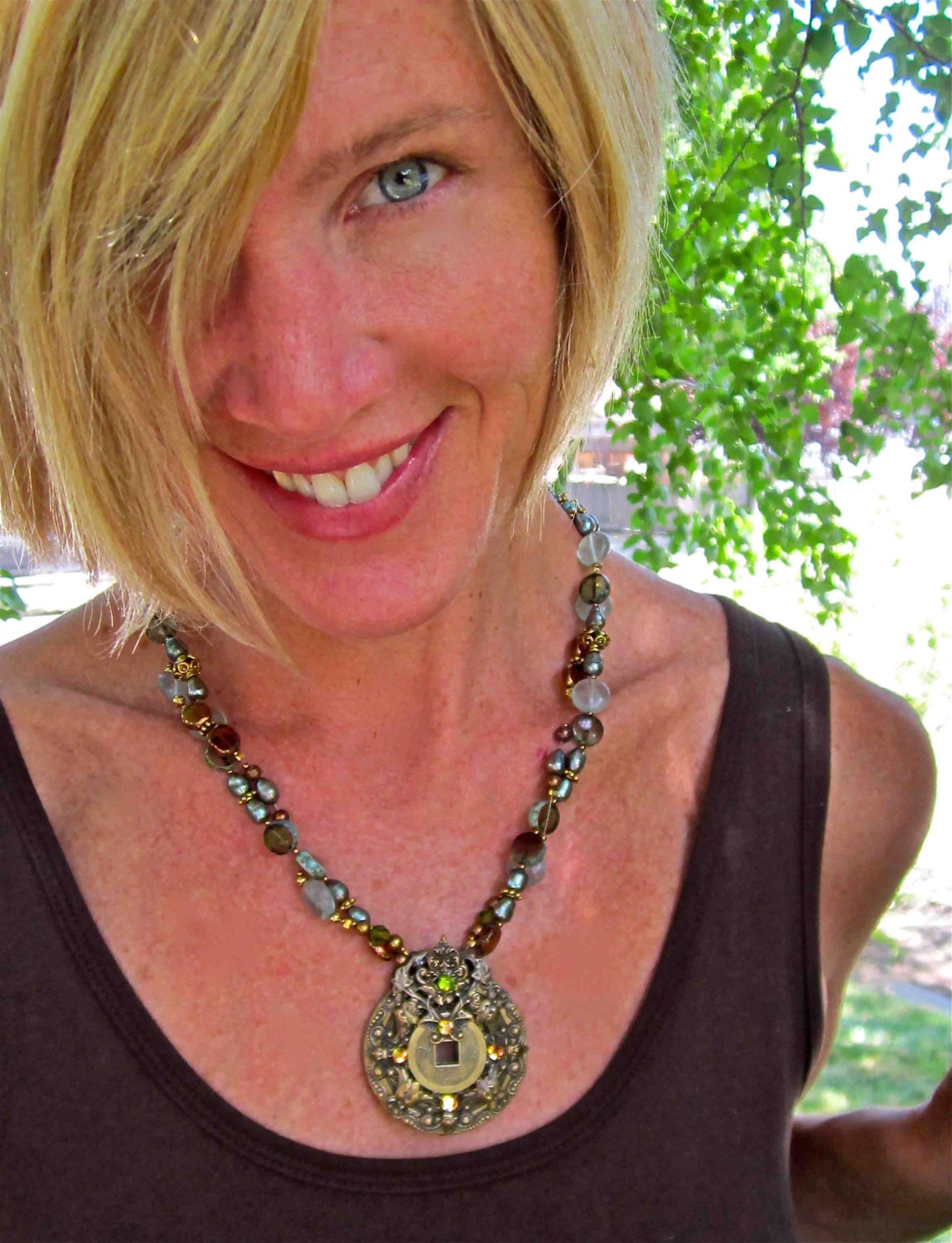 Gold Brass Necklace - Pearls Flourite Discs & Glass Crystals