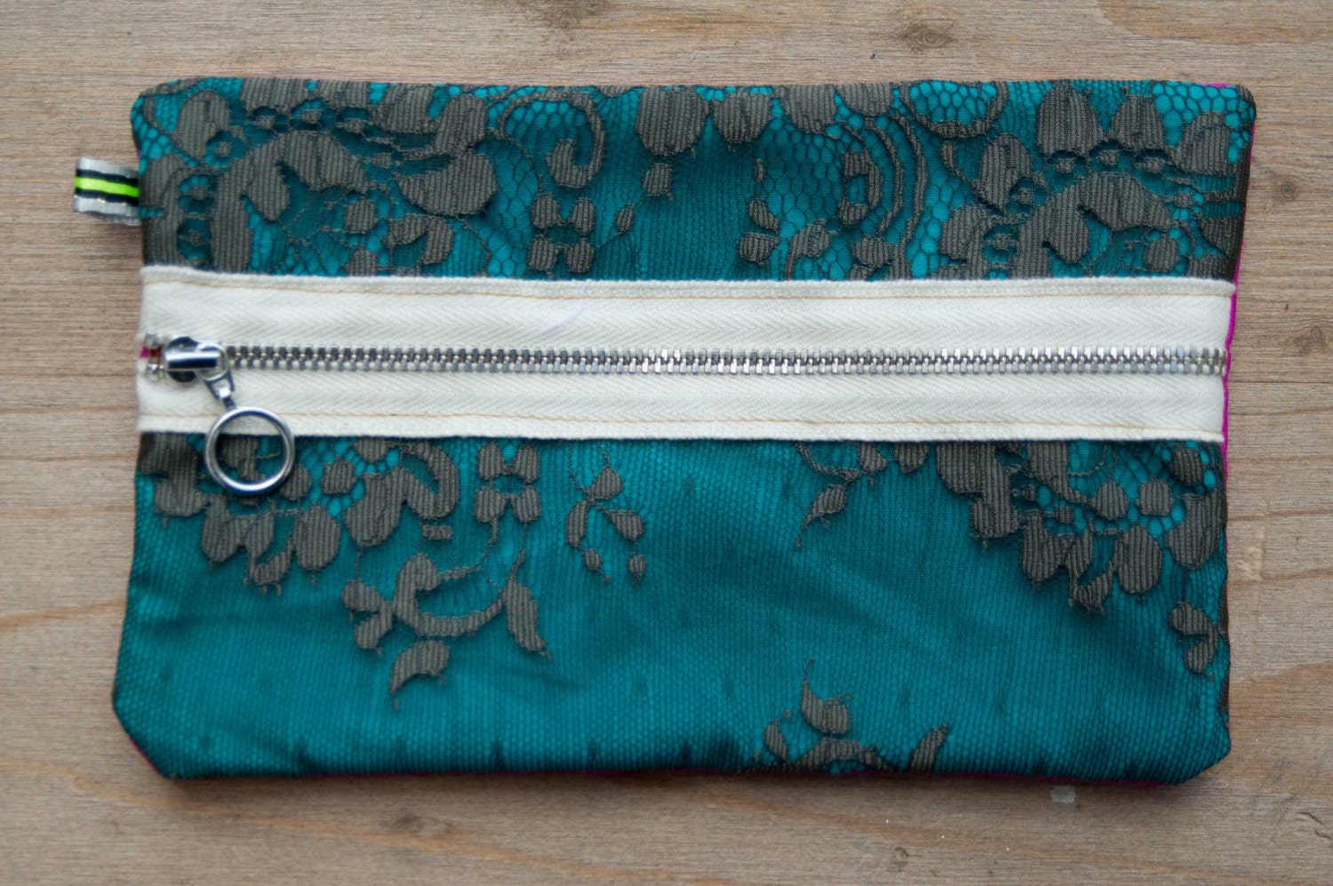 Victorian pencil case - Grey lace over turquoise fabric