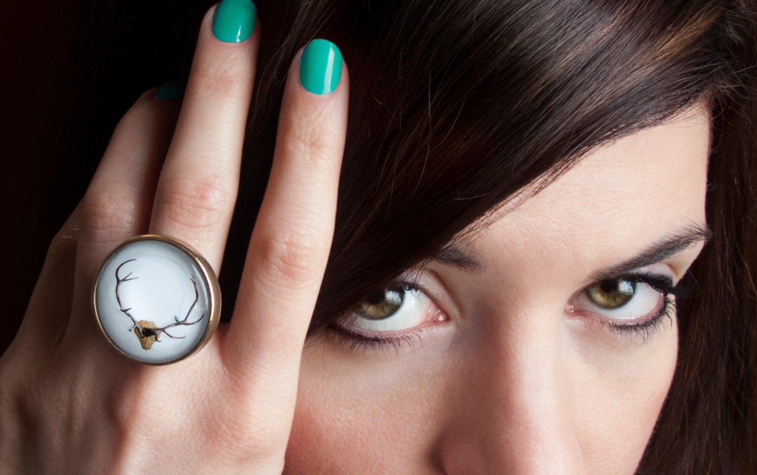 25mm Antique Bronze Round Cameo Adjustable Ring With Original Illustration of Deer Antlers