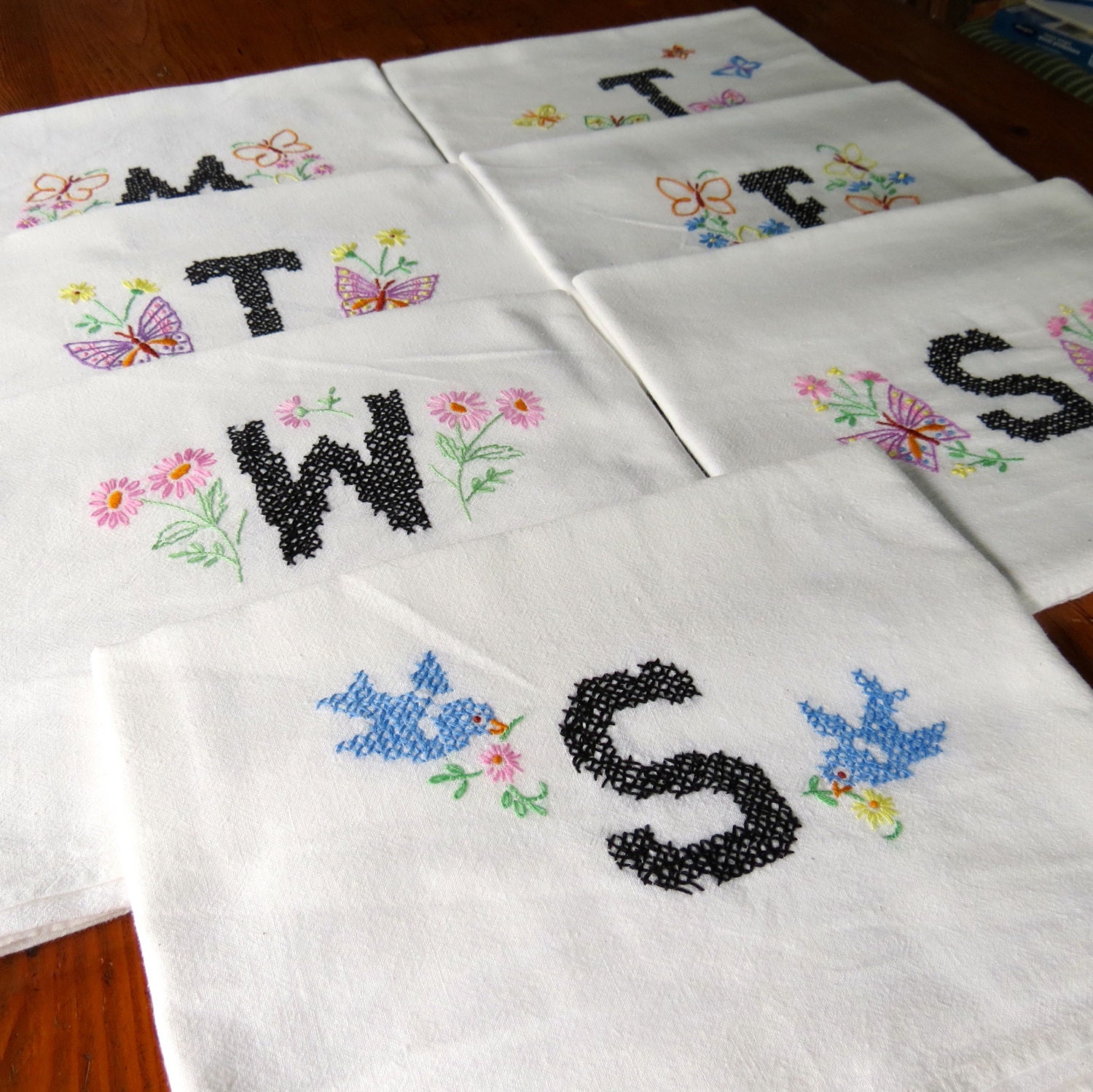 Vintage Days of the Week Dish Towels 7 Huge Flowers Butterflies Embroidered
