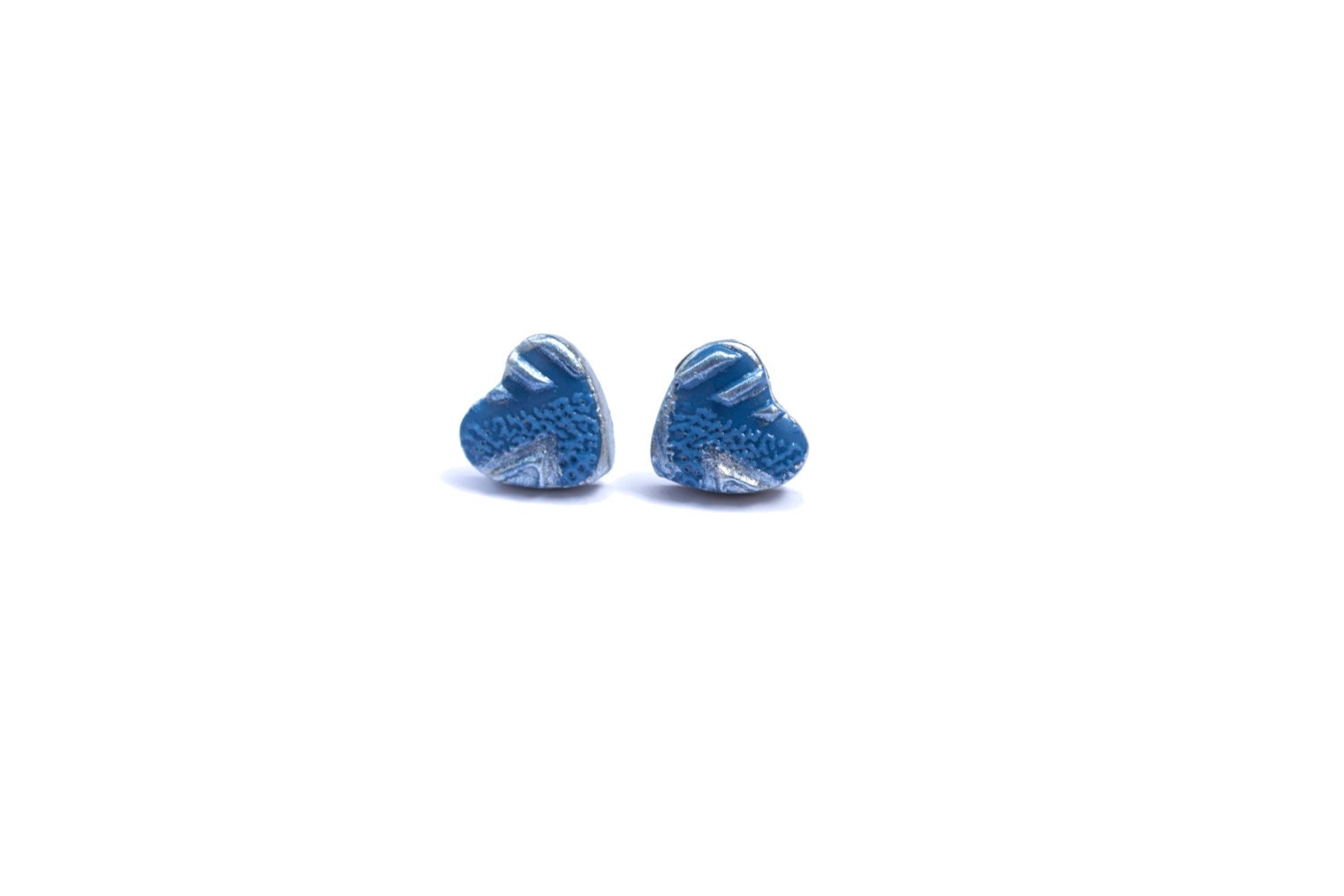 Polymer Clay Heart Earrings. Blue Studs. Silver Dipped Posts. Blue Jewelry. Handmade Jewelry