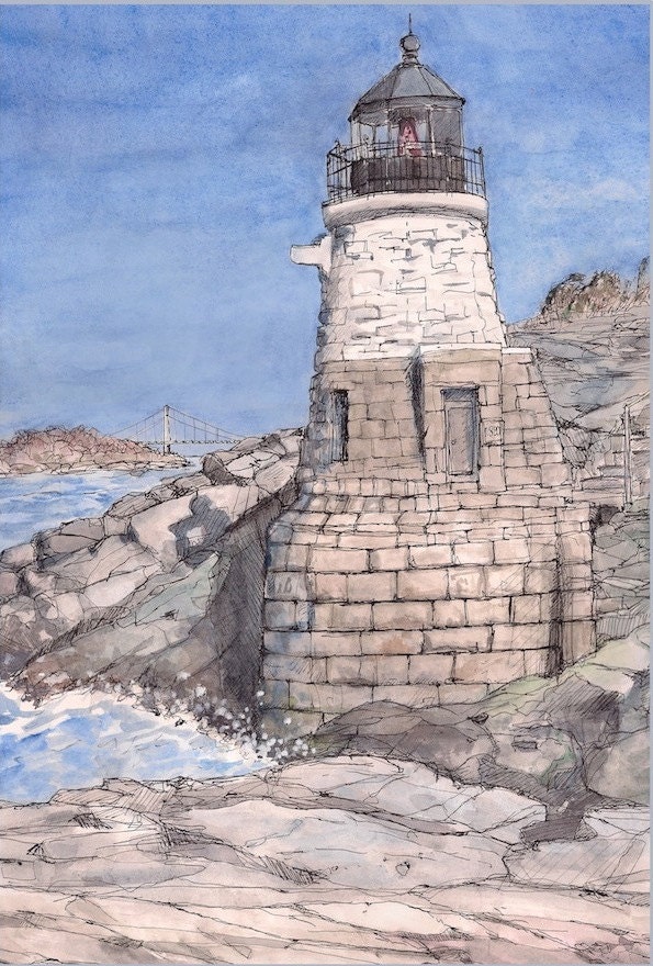 Fine art magnet, made by the artist- Newport  Rhode Island- Castle Hill lighthouse  4x6 Deep blues and crashing seascape landscape