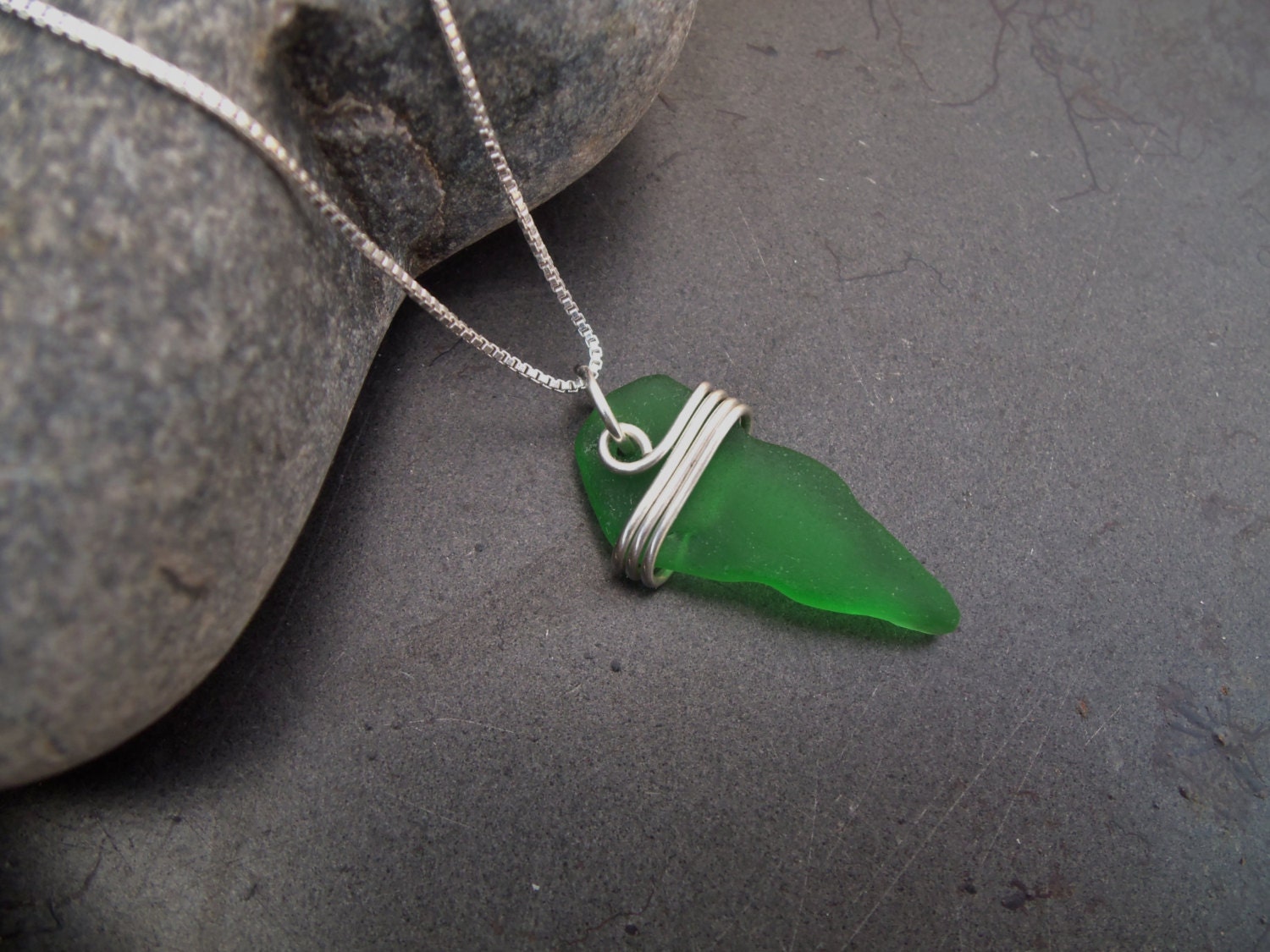 Sea glass jewelry,  Beautiful green sea glass with sterling silver wire wrap
