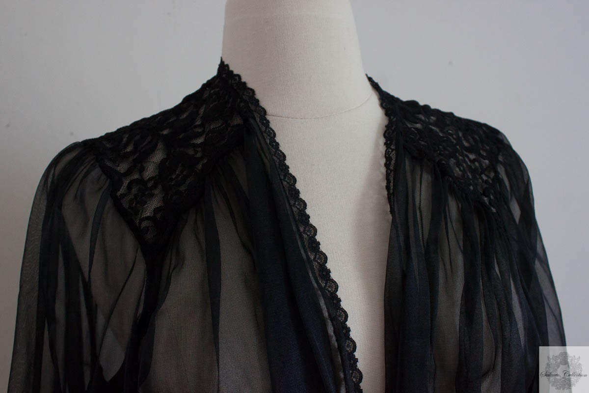 Vintage Black Lingerie - Babizon Peignoir Robe in Chiffon Nylon