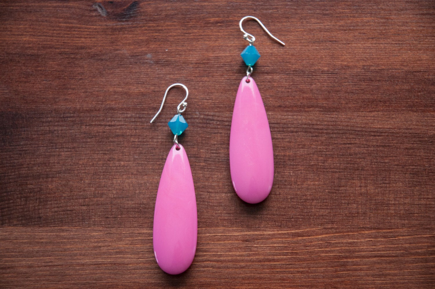 Vintage Teardrop and Swarovski Crystal Earrings - Pink and Blue - Sterling Silver