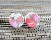 Coral Ear Studs, Coral EArrings, Japanese Chiyogami Paper, Wood Earrings, Gift under 10, Cherry Blossoms, Sakura