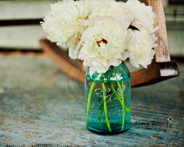 Peonies Photo, Aqua Blue Mason Jar of White Flowers, Shabby Cottage Peony Photography, Romantic Bouquet Home Decor, 8x10 Art Wall Hanging