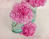 Pink Peonies Mint Mason Jar Photo, Peony Bouquet Print, Vintage Pastel Aqua Vase Romantic Cottage Fuschia Floral Decor, 8x10 Art Photography