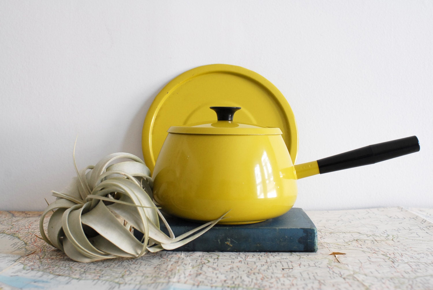 Spring Green Yellow Enamel Fondue Pot and Plate with Black Handles
