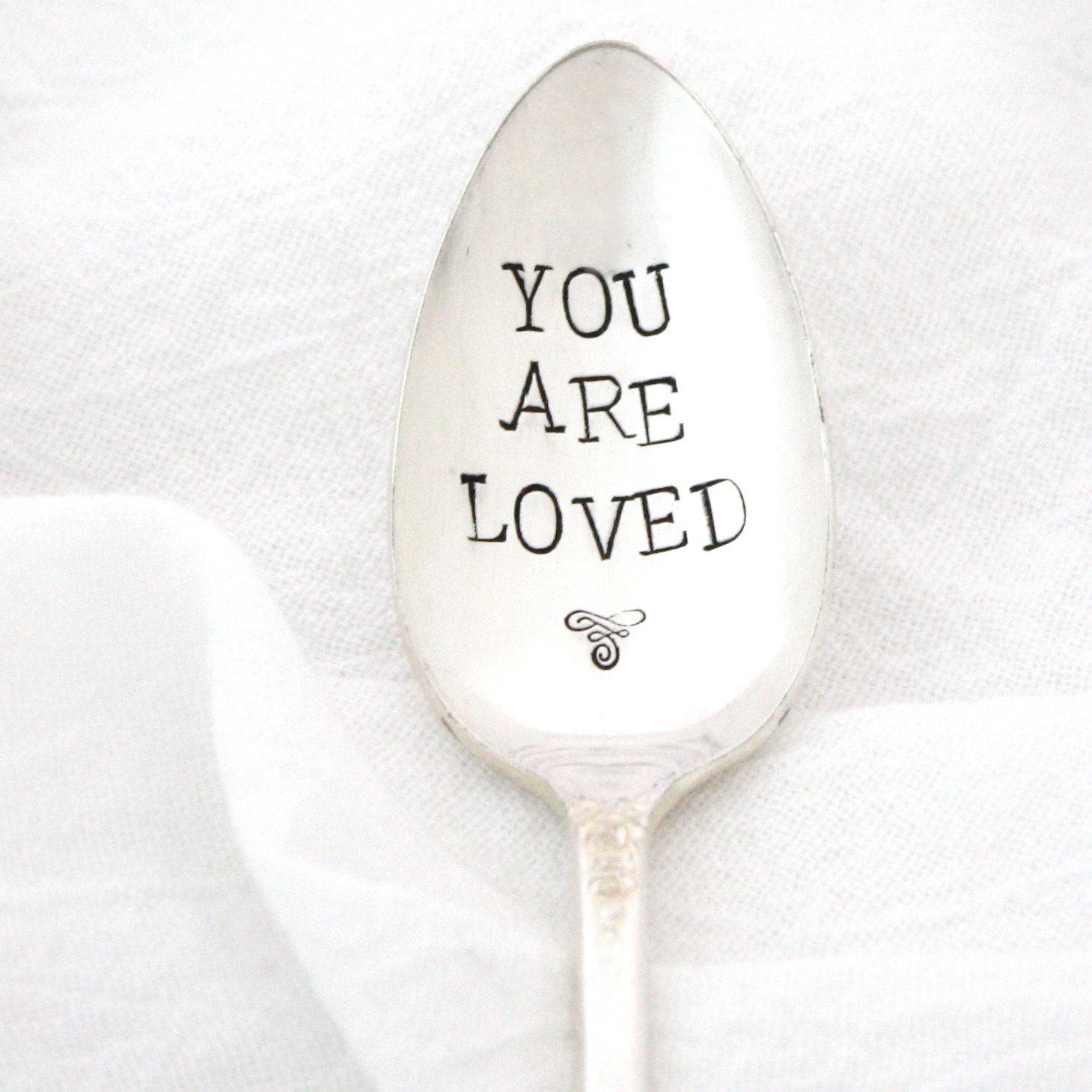 You Are Loved, Hand stamped spoon. Vintage inspirational utensil for a unique gift idea under 25.  Ready to ship in gift packaging