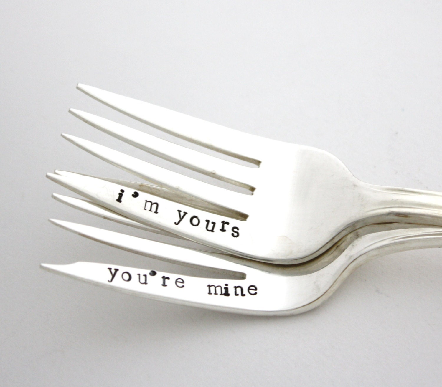 I'm Yours, You're Mine- Wedding Table Setting, hand stamped wedding forks, engagement gift, MTO. Featured by Whole Foods Market.