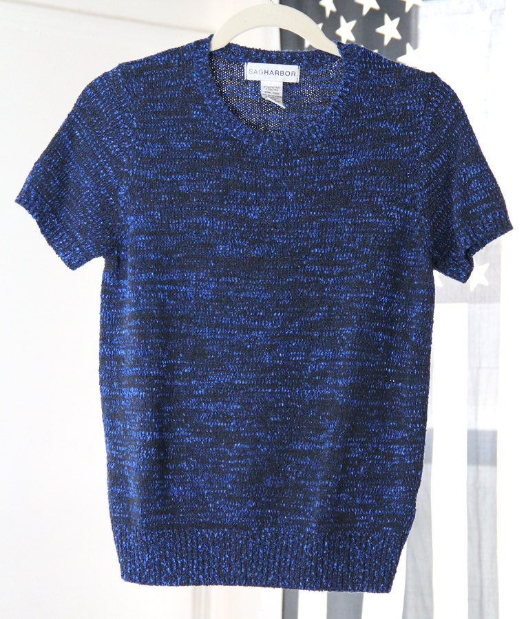 Blue and Black Short Sleeve Lightweight Sweater