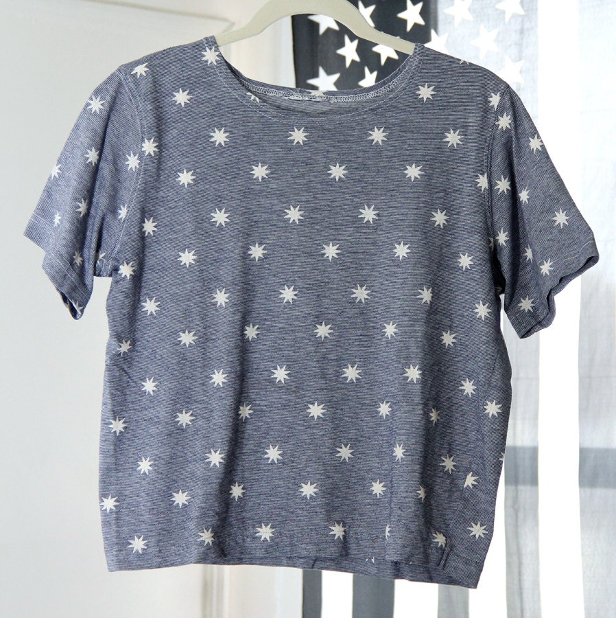 Blue and White 90s Boxy Semi-Crop Top Short Sleeve Shirt