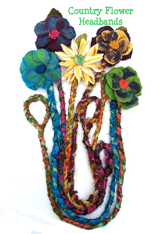 COUNTRY GARDEN HEADWRAPS, LaRiAt, Fibre Art, BoHo, Headband, Sari Silk, Wet Felted, Merino Wool, Organic, Australian Made