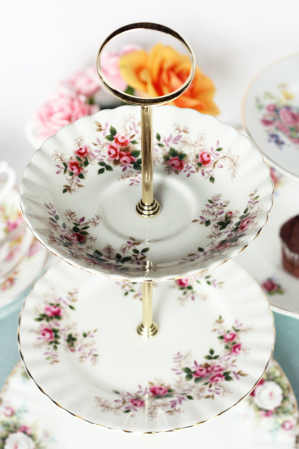 Royal Albert 3 tier cake stand / cupcake display:  tiered cake stand for an English cottage garden style tea party