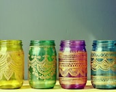 Set of 4 Moroccan Style Mason Jar Lanterns, Jewel Toned Glass with Gold Detailing