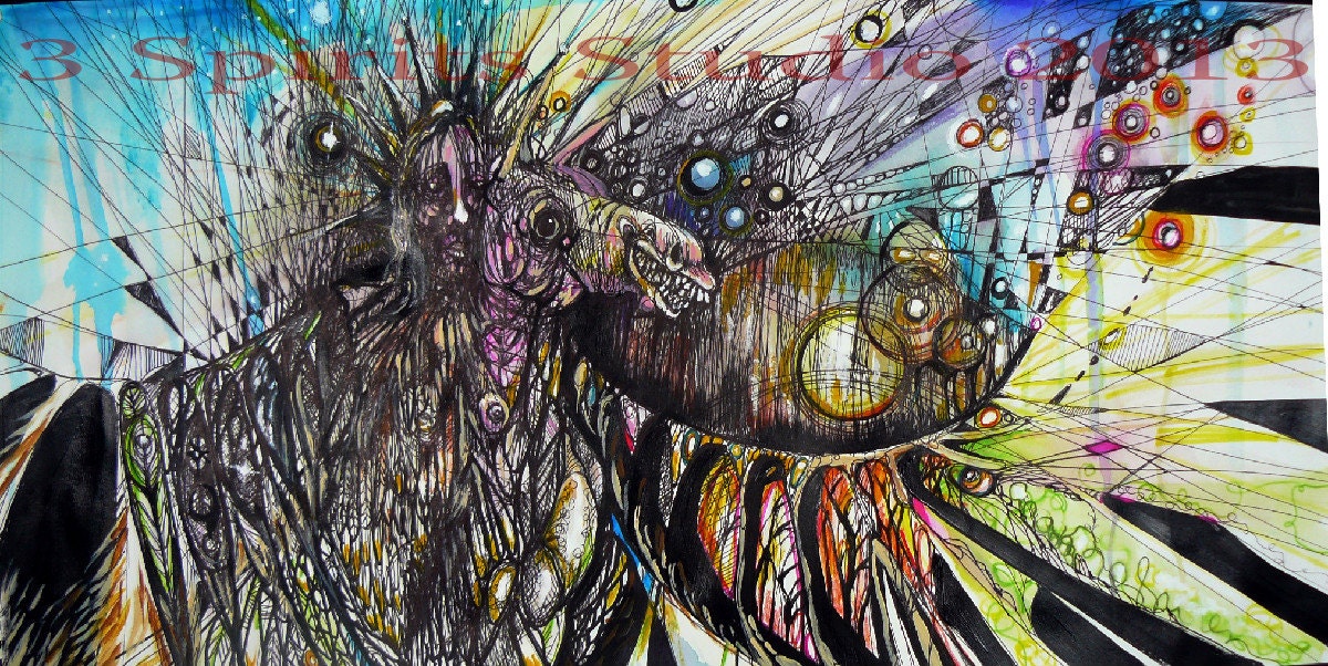 Original Pen and Ink Drawing with Watercolor "Liberating the Lost Tears" (Part of the Herd Series)