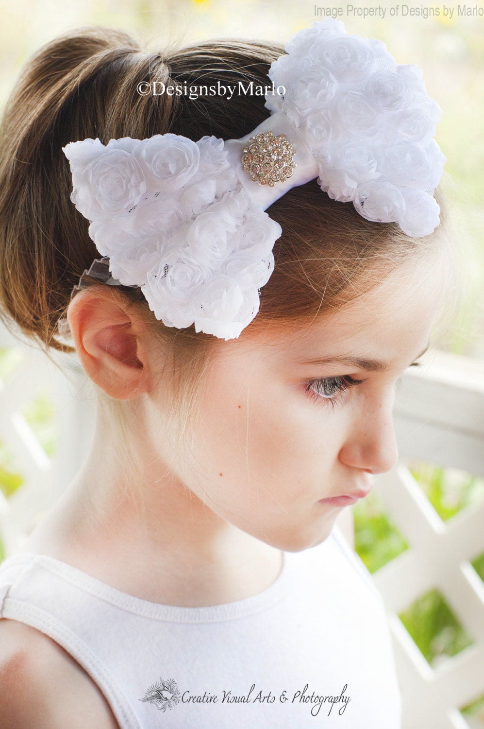 White flower girl headband flower girl hairbow hair bow white chiffon rosette bow wedding bridal hair bow boutique bow handmade photo prop