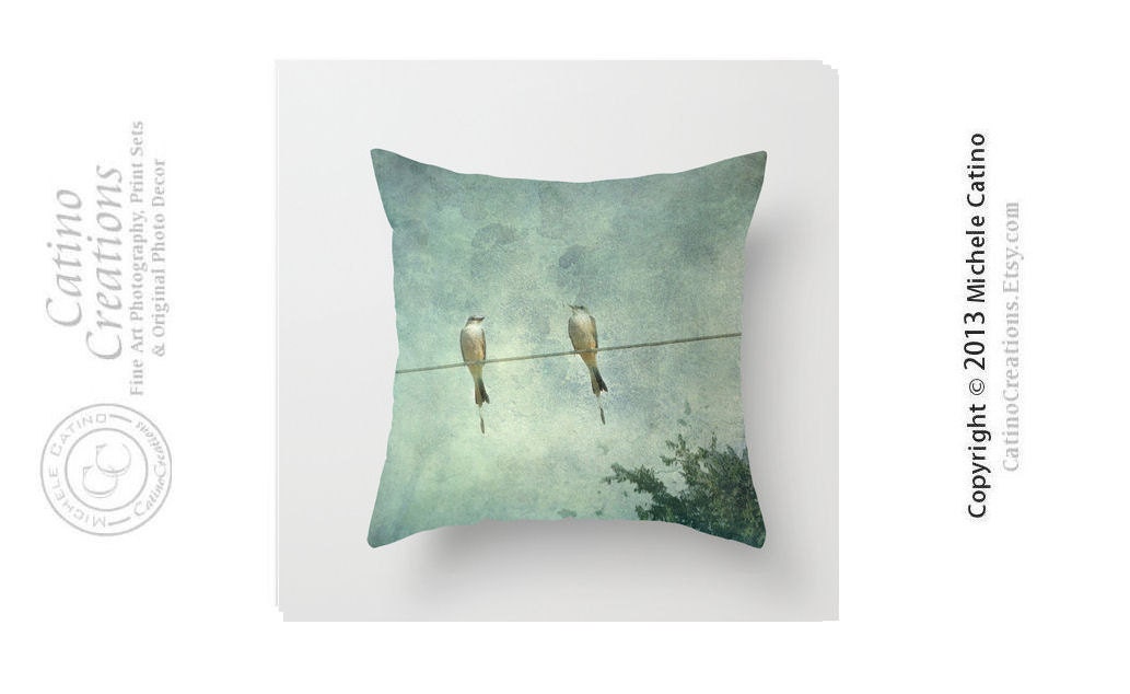 Two Yellow Birds on Wire Pillow Scissor Tailed Birds Pillow Cover Blue Green Sky Clouds Bird on Wire Throw Pillow Cover 16x16