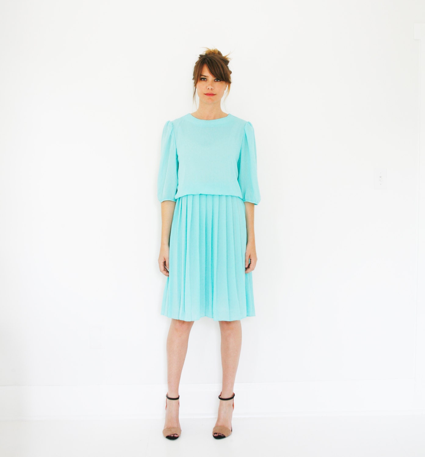 Vintage 80s Seafoam Mint Green Dress Semi Sheer Medium - Large