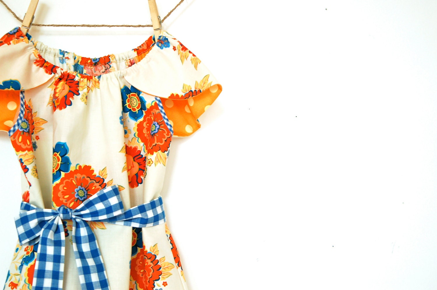 Girls Petal Sleeve Peasant Dress with Sash / Cream, Orange, and Blue / 6m - 6T