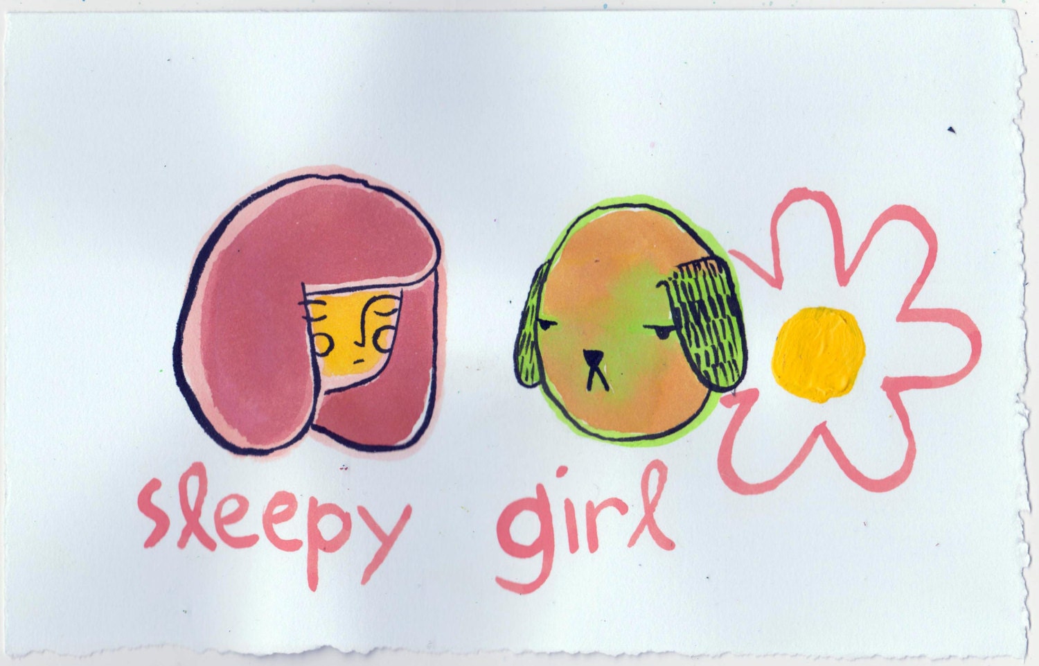 sleepy girl- watercolor illustration- 5"x8"