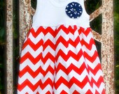 SALE - 4th of JULY - red chevron dress with contrasting navy polkadot fabric & hand-sewn yo-yo