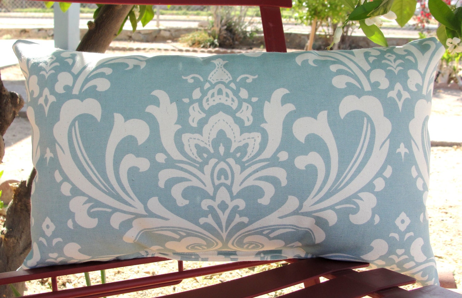Pale blue and white accent throw pillow - lumbar - damask print fabric