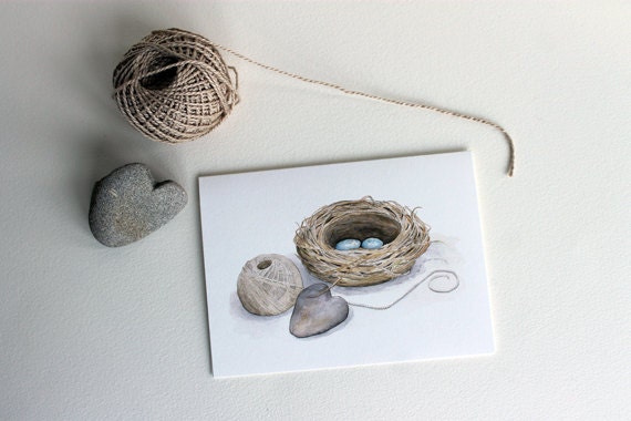 Bird Nest Note Card - Watercolor Painting, Twine, Heart Shaped Rock, Woodland, Notecard, Art Card, Spring, Brown, Grey, Cream