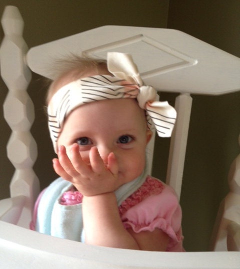 Girl's Headband, Organic Cotton Knot Headband, Creamy Stripes and Charcoal Arrows, Newborn, Infant, and Toddler Headband