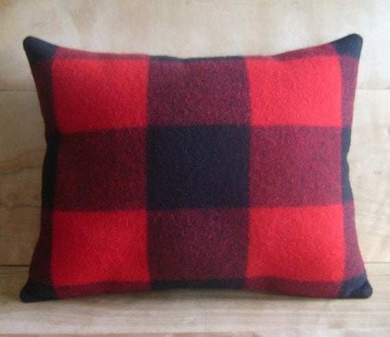 Wool Pillow - Pendleton Wool Fabric - Camp Blanket Rustic Cabin Buffalo Plaid