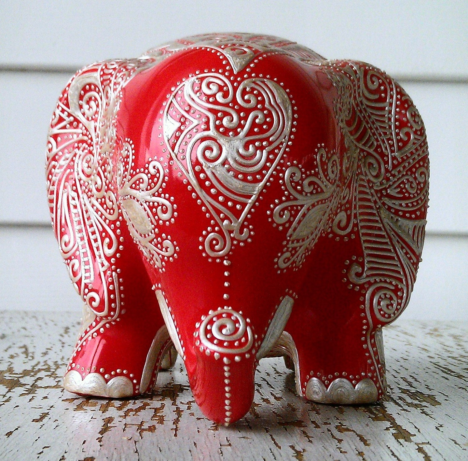Elephant statue, Elephant bank, Baby elephant, Ceramic elephant, hand painted red and pearl elephant, embossed elephant, lucky elephant