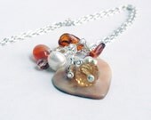 Amber necklace - cluster pendant - amber pendant - amber cluster - heart pendant - shell necklace  - orange necklace - carnelian necklace
