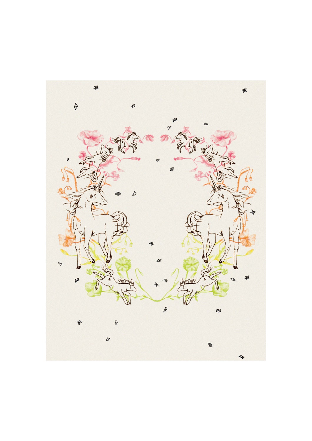 Unicorn LIMITED EDITION (10) A4 illustration print, signed and numbered. Flowers, crystals, A4. (Only 5 left)