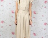 Quality Japanese vintage dress - latte cotton embroidered swing 80s-does-50s S-M