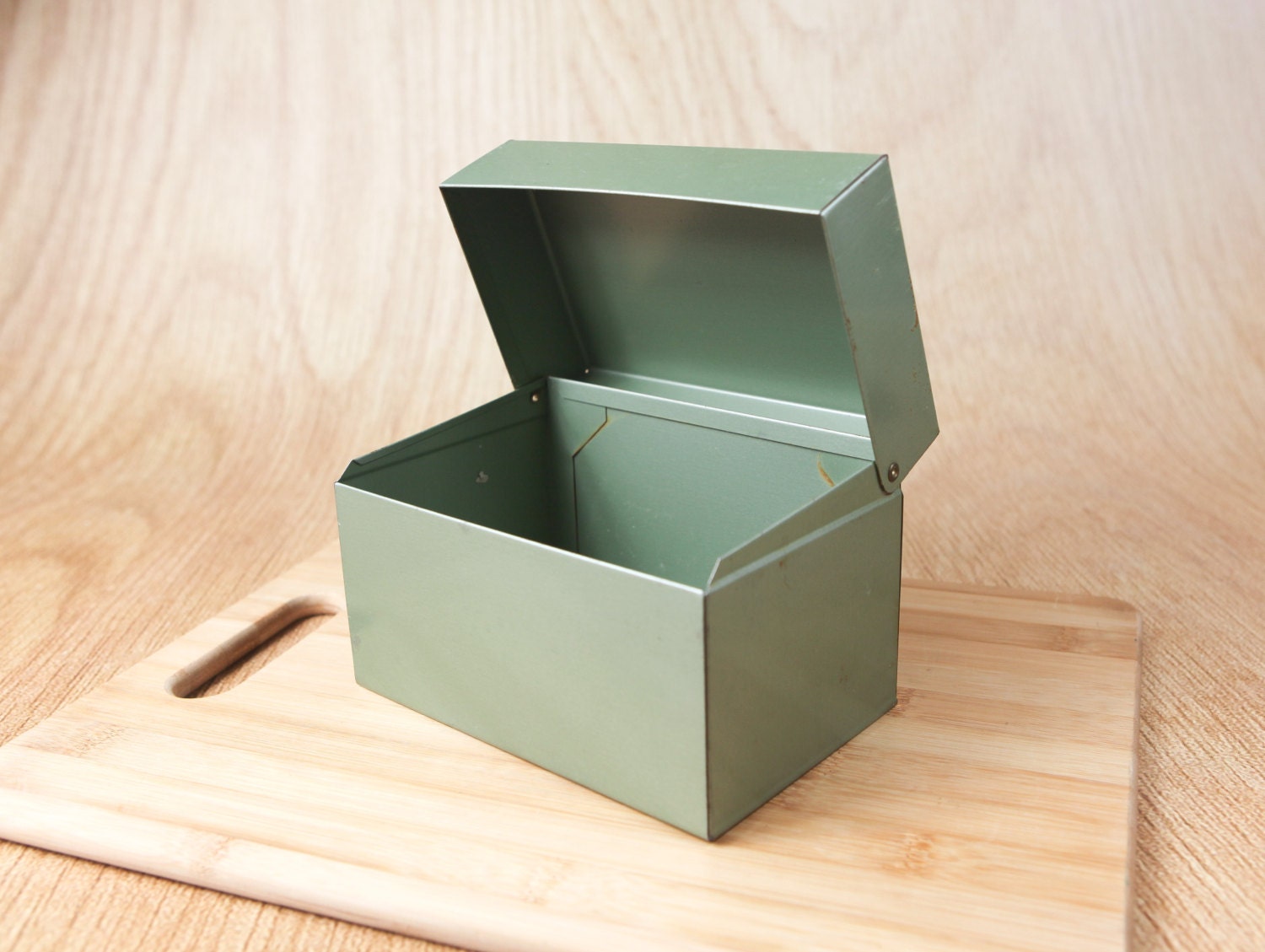 Vintage Metal Recipe Card File, Gray Green w/ Hinged Lid by  J Chein Co.