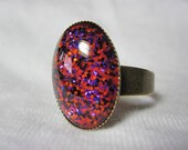Oval Nail Polish Ring - Metallic Orange With Black, Purple And Orange Micro Glitter Sparkle Hexes, Halloween