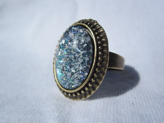 Oval Nail Polish Ring - Dark Metallic Green Teal With Silver Holographic Squares Hexes Bars And Micro Glitter Sparkles, Jade, Sharks, NHL