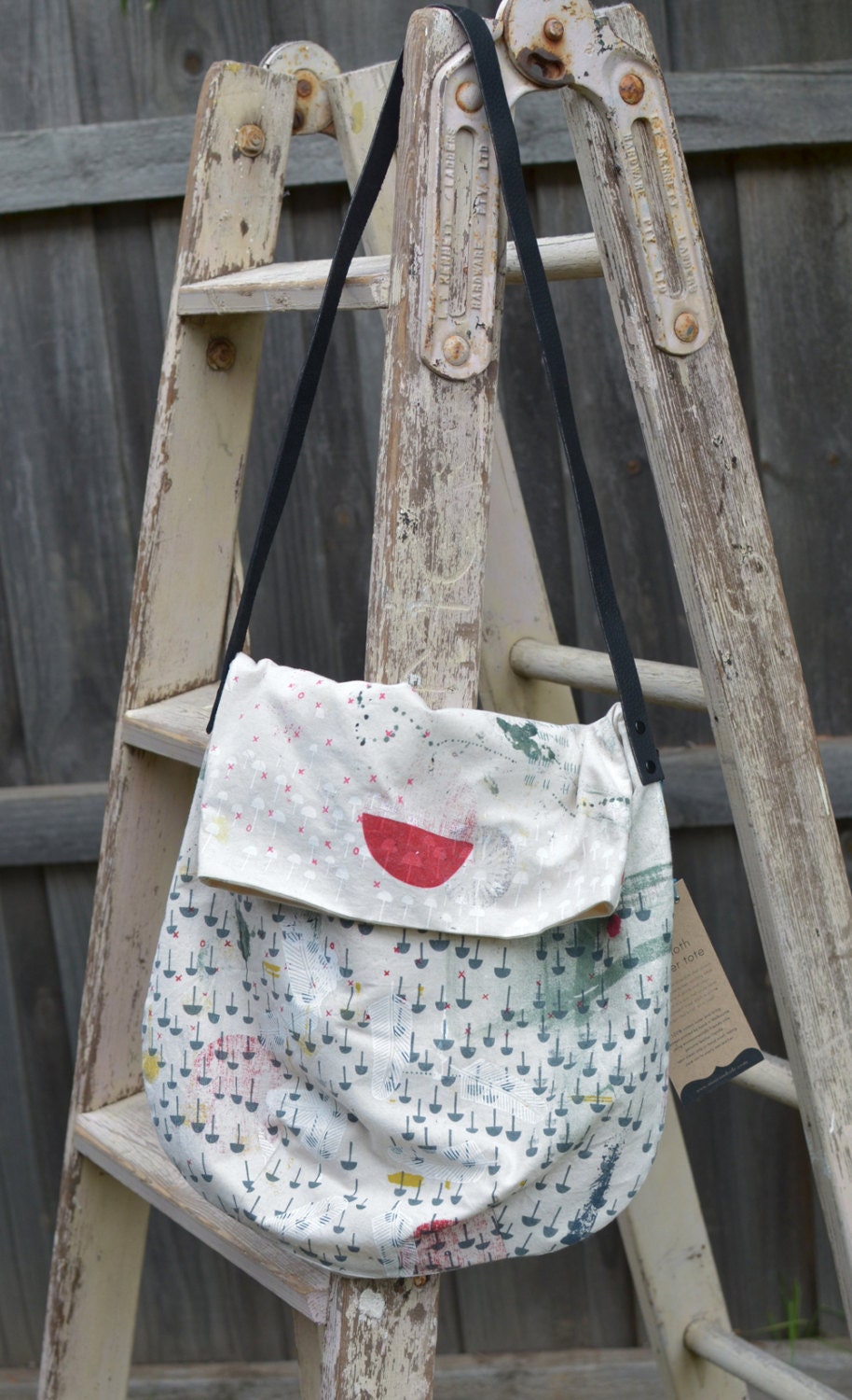 dropcloth foldover tote handprinted cotton canvas with genuine leather reversible totebag