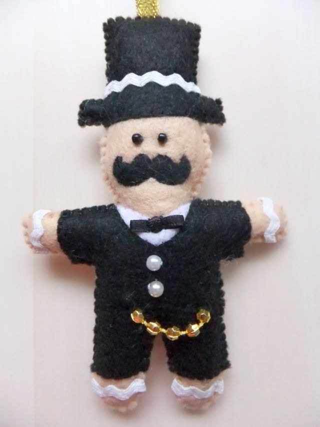 Felt Christmas Gingerbread Man Mustache Moustache Gentleman hanging handmade ornament decoration Valentine Wedding