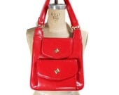 1980s Red Pleather Purse - Brass Hardware - Accordion Pocket Purse
