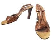 1970s Ramon Diego Leather Snakeskin Embossed Sandals - Animal Print - Wooden Heels - Open Toe - Size 7
