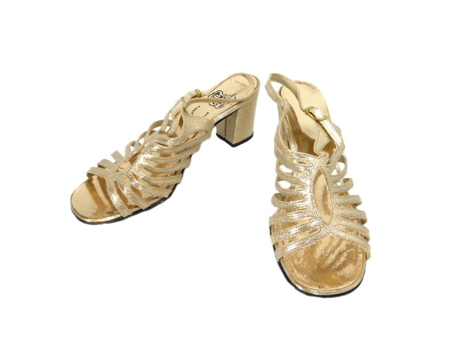 1970s Gold Cutout Sandals by Fantura - Cage Open Toe Heels - Disco Party Pumps - Studio 54 - Size 8
