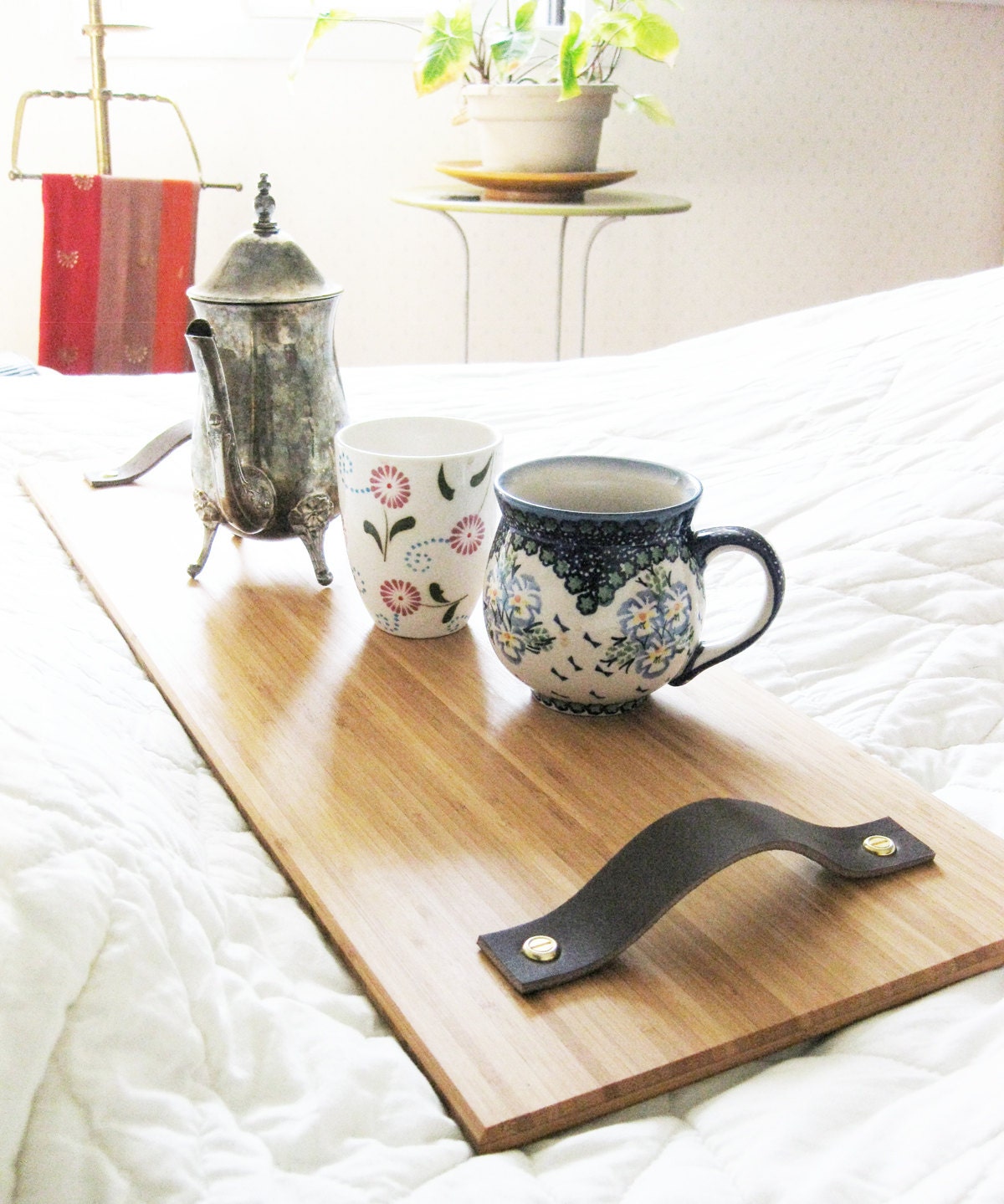Breakfast in Bed Tray with bamboo, recycled leather and brass hardware