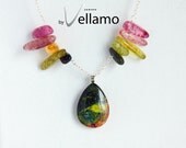 Colorful sterling silver necklace with rainbow colored rock crystals and teardrop shaped jasper