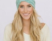 Mint Green Turband Wide Headband Sparrow Headband in Mint Stretchy Jersey Hair Band Ruched with Fabric Wrap