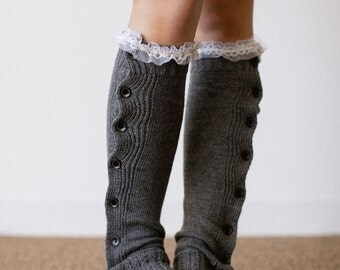 SALE Gray Lace Leg Warmers Button Up Ruffle Trim Lace LegWarmers Women's Legwear Fashion Accessories
