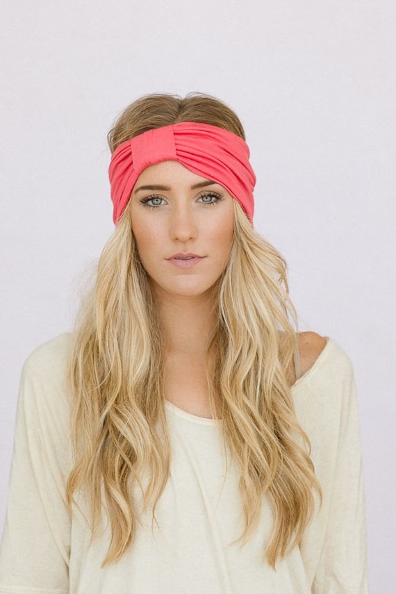 Wide Turband Headband - Sparrow Headband in Melon Stretchy Jersey Hair Band Ruched with Fabric Wrap