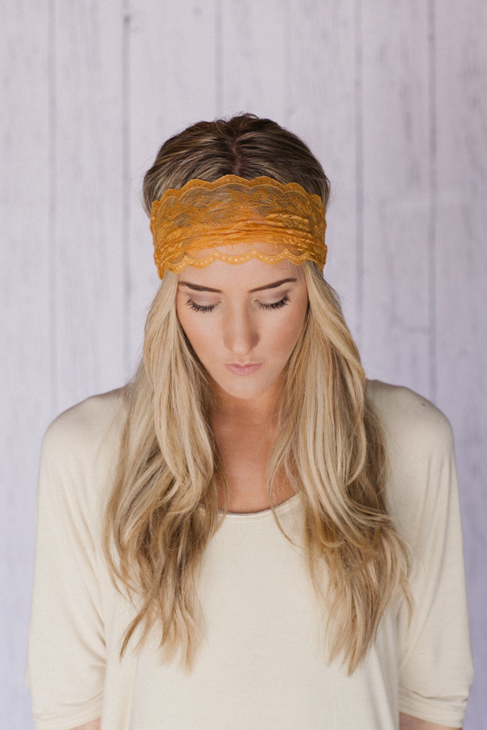 Mustard Sheer Lace Headband with Tapered Cut and Scalloped Edge - Sheer Simplicity Headband